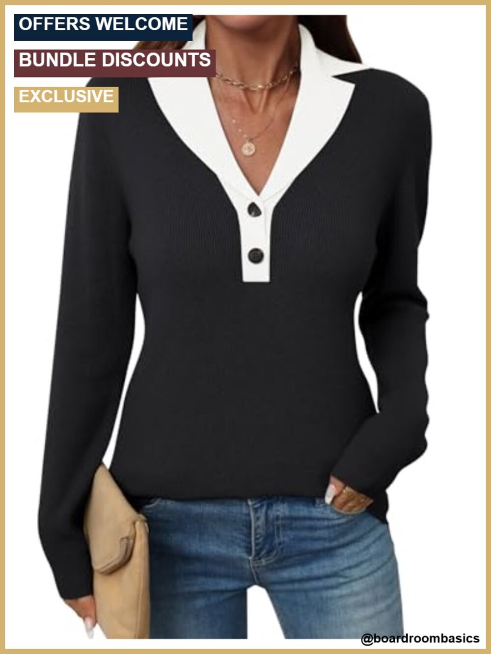V-Neck Button Pullover Sweater Long Sleeve Relaxed Collar